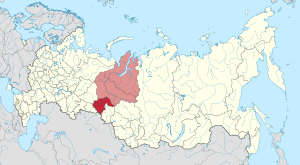Tyumen Oblast (red) and Khanty–Mansi Autonomous Okrug and Yamalo-Nenets Autonomous Okrug (pink)