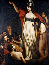 Painting of woman, with outstretched arm, in white dress with red cloak and helmet, with other human figures to her right and below her to the left.