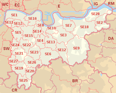 SE postcode area map, showing postcode districts, post towns and neighbouring postcode areas.