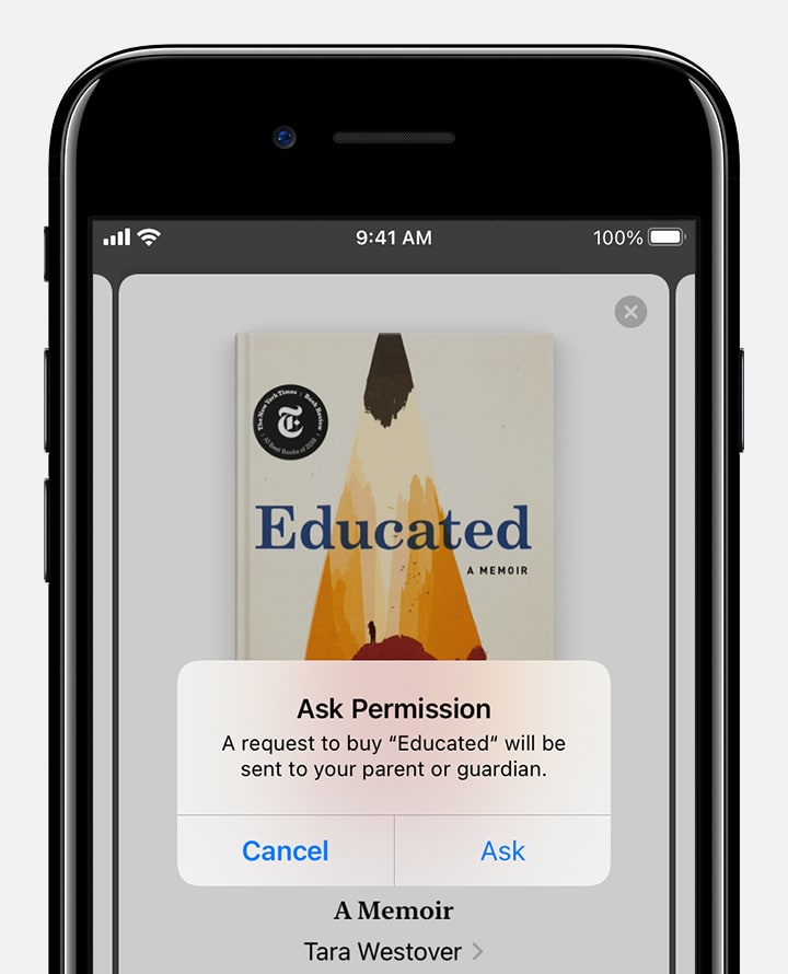 На iPhone дитини відображається повідомлення про те, що запит на придбання цієї книги буде надіслано батькам або опікунам. Під цим повідомленням є кнопка «Скасувати» та кнопка «Питати».