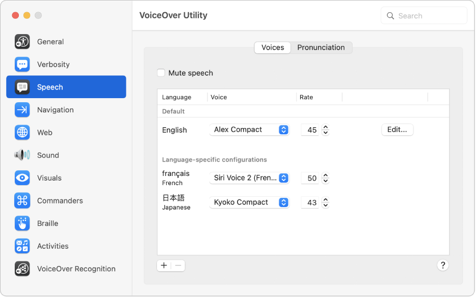 The VoiceOver Utility Voices pane showing voice settings for English, French, and Japanese languages.