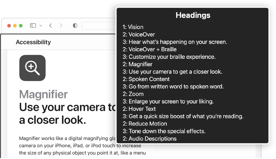 A Safari webpage in the VoiceOver cursor and the VoiceOver rotor set to Headings.