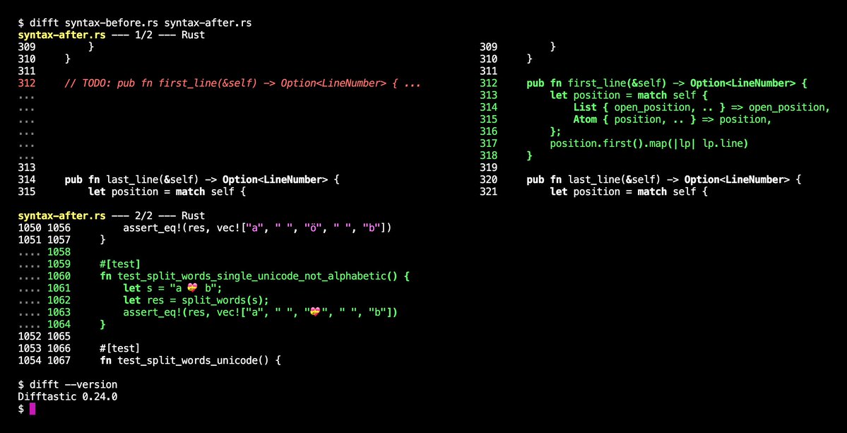 Screenshot showing difftastic in action diffing two Rust files.