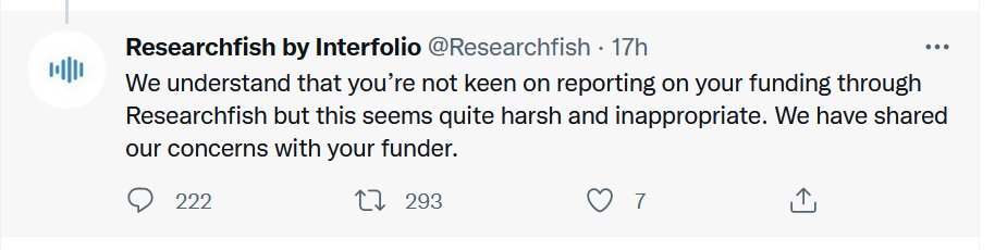 Tweet from @Researchfish saying "We understand that you’re not keen on reporting on your funding through Researchfish but this seems quite harsh and inappropriate. We have shared our concerns with your funders."