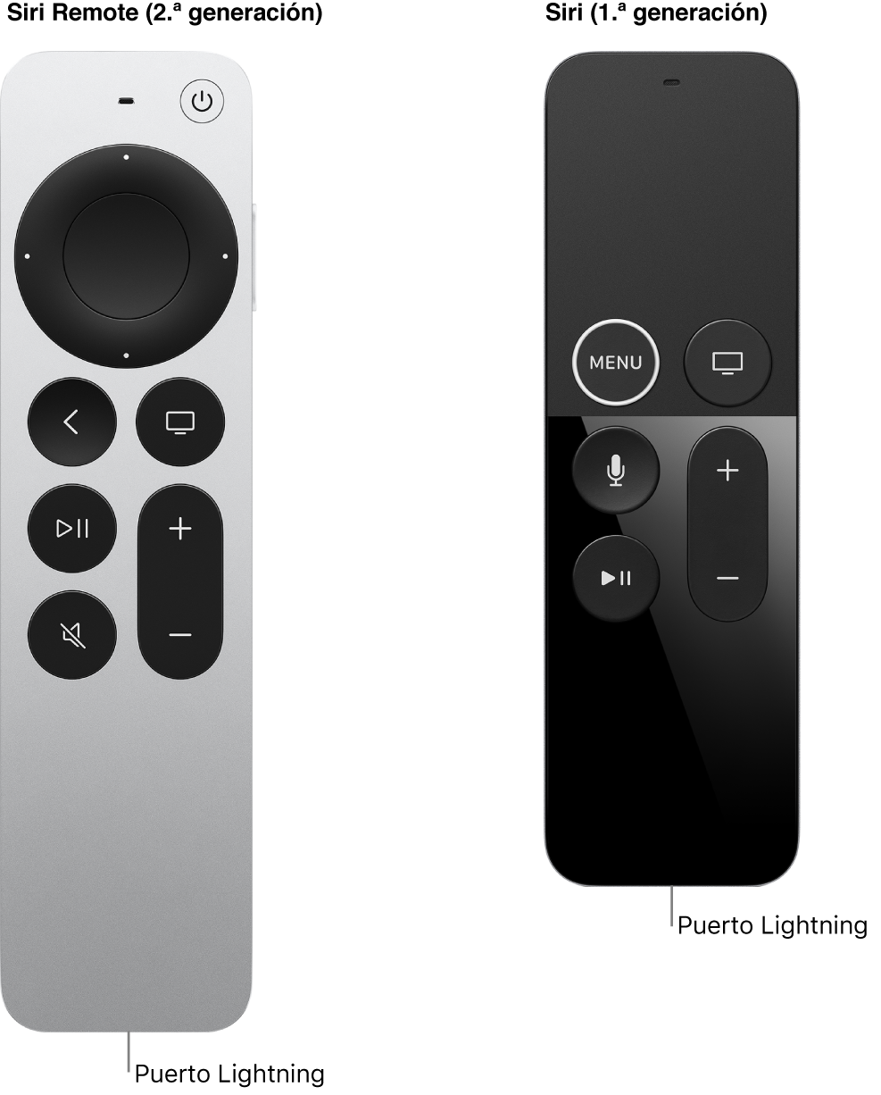 Imagen del mando Siri Remote (2.ª generación) y del mando Siri Remote (1.ª generación) con el puerto Lightning