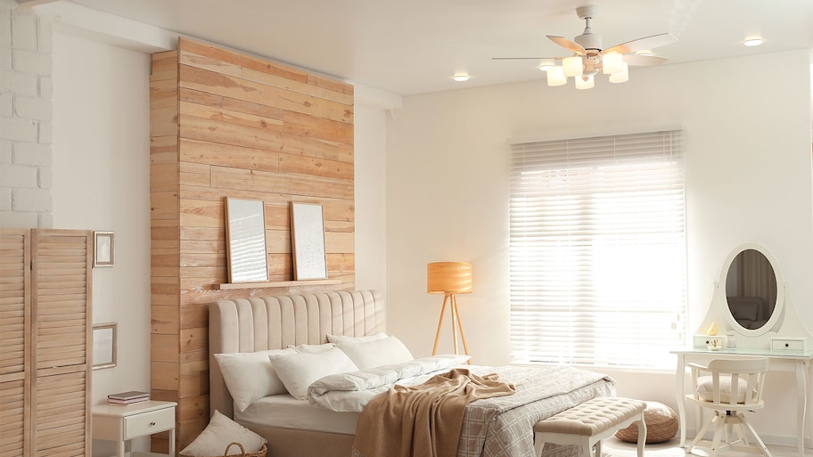 Warm tones bedroom with ceiling fan light fixture