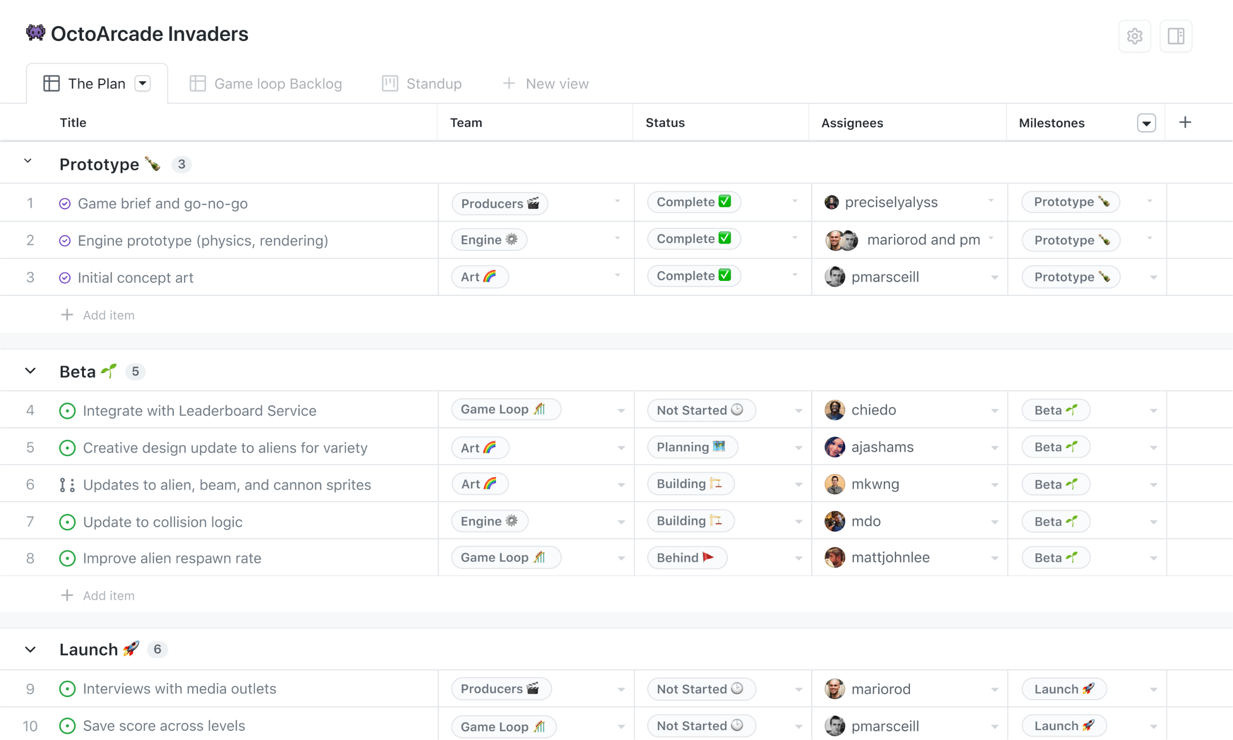 Table view: Project cards in a table layout. Cards are listed as line items, like a spreadsheet. Cards are grouped by three project phases in a view called 'The Plan.'