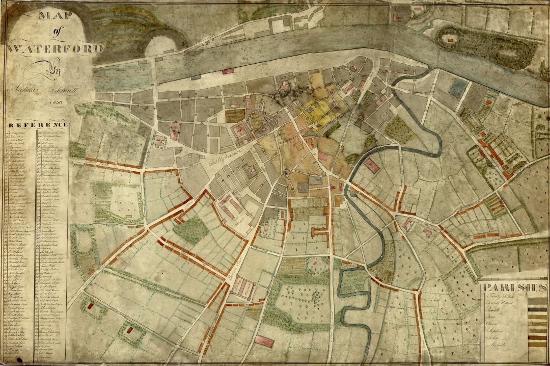 This image shows a map created between 1896 and 1948 of Waterford City showing borough boundary and electoral wards