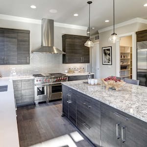 Modern gray kitchen with different countertops