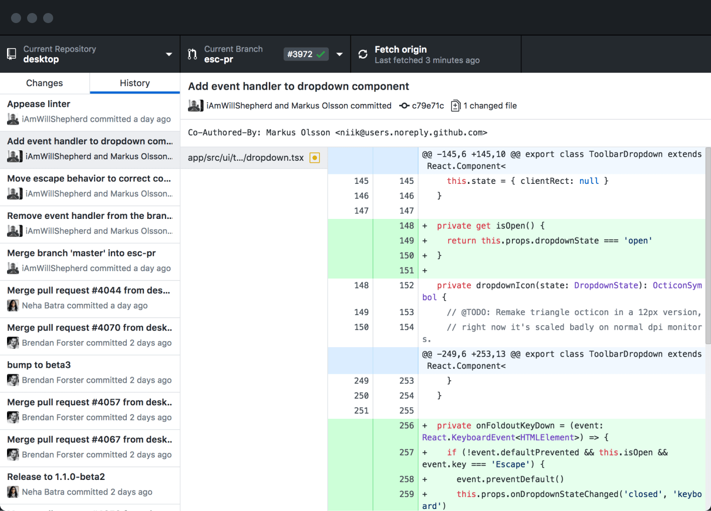 Viewing changelog in GitHub Desktop