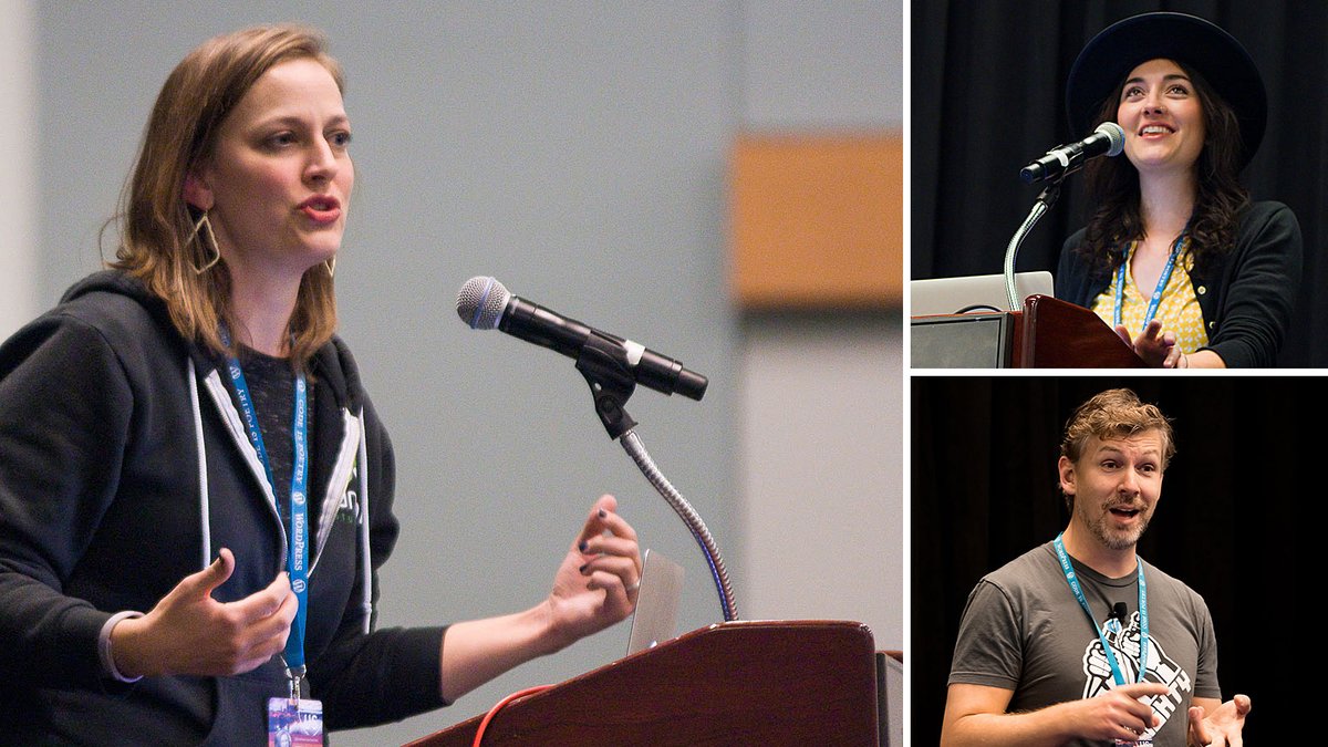 Speakers from previous WordCamp US in a collage of three. Clockwise from the upper left -- a person gesturing with both hands at a podium with a microphone, a person with a round black hat looking up and smiling at a microphone with a laptop, and a person gesturing with both hands.

Photo Credit: All images by Jessica Gardner.