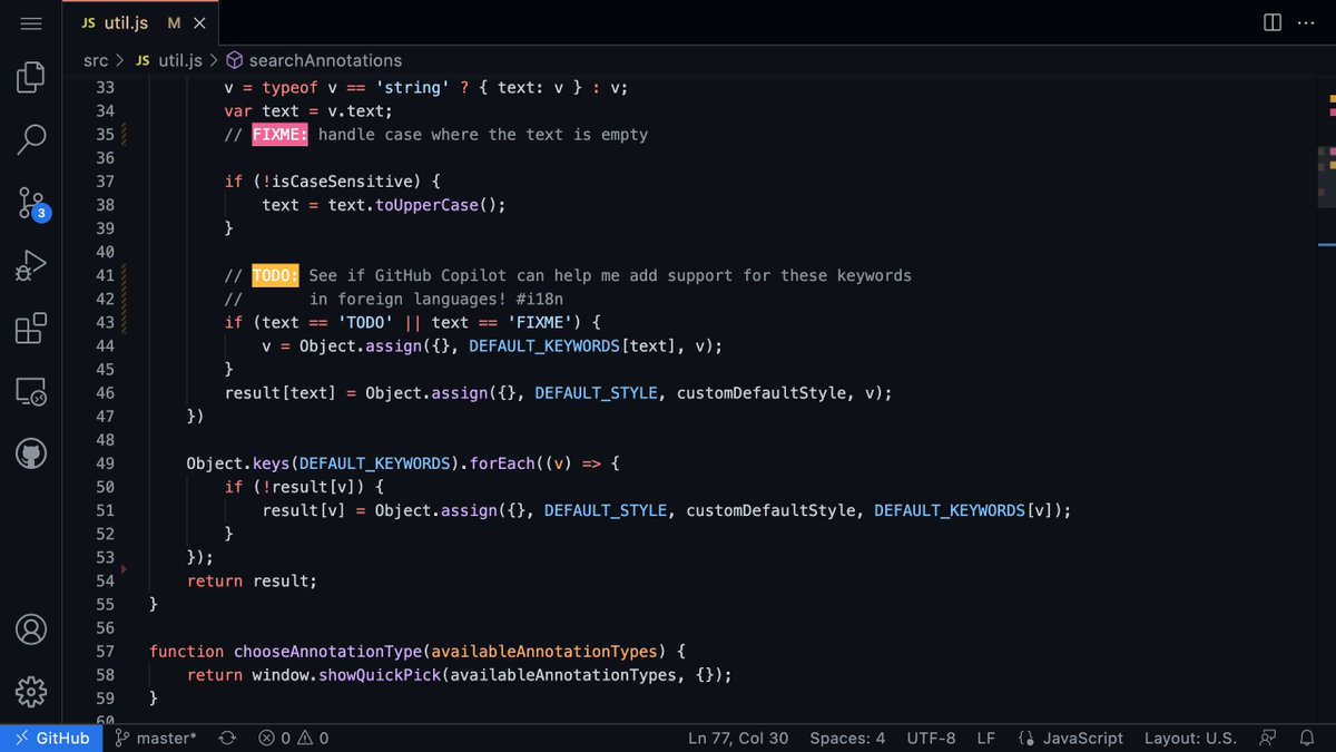 Screenshot showing the VSCODE-TODO-HIGHLIGHT extension highlighting TODOs and FIXMEs in the github.dev editor.
