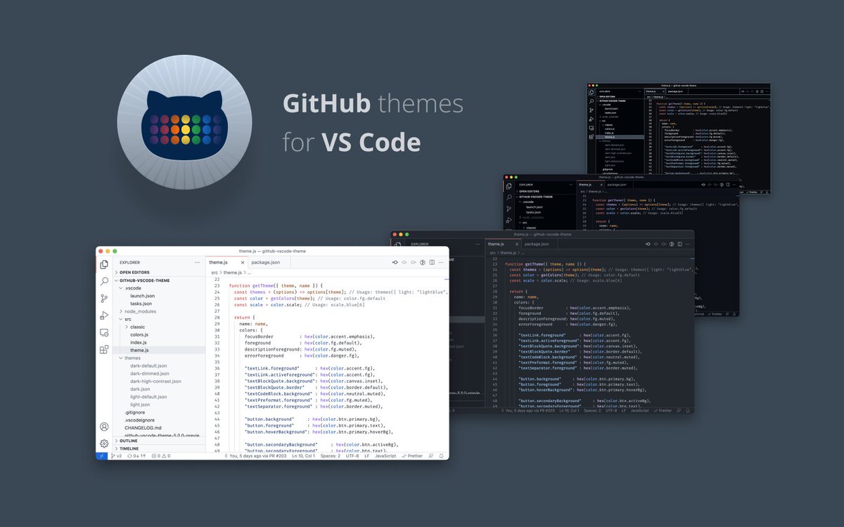 Image showing code snippets in various flavors of GitHub's VS Code themes.