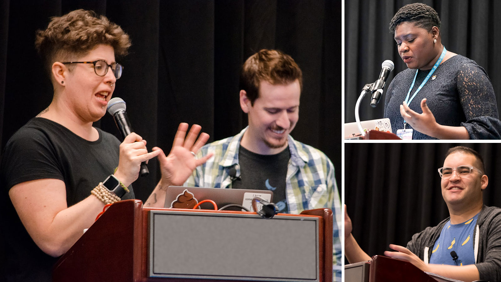 A collage of speakers from previous WordCamp US events including a pair at the podium with the person on the left gesturing with the microphone in right hand (on left); a person looking down at a laptop while gesturing with the left hand (top right); and a smiling person gesturing with the right hand.