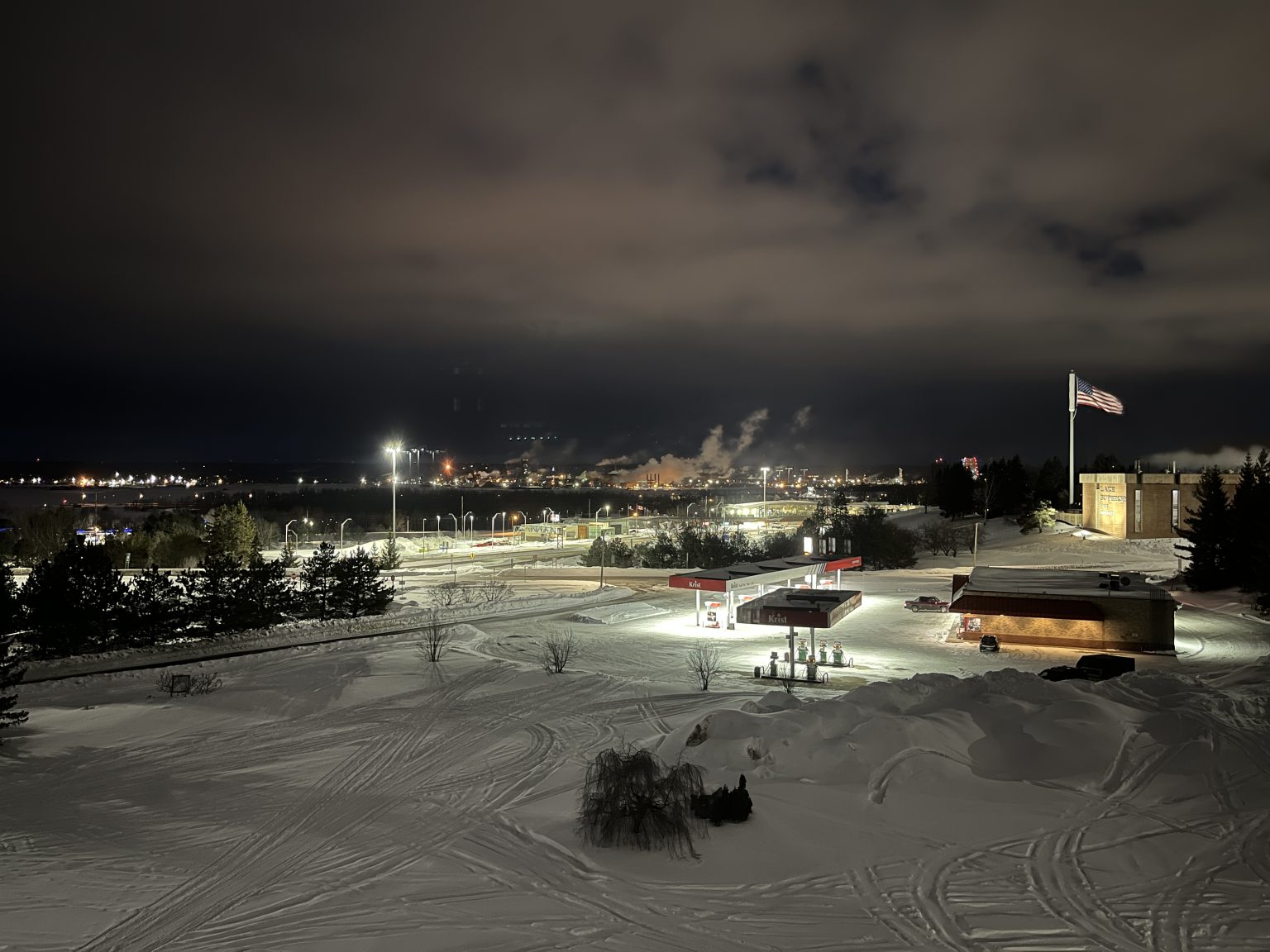 View of Sault St. Marie, Michigan (US) with snow at night.