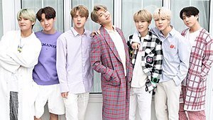 BTS in 2019 Left to right: V, J-Hope, Jin, RM, Suga, Jimin, and Jungkook