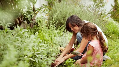 Mother and daughter gardening