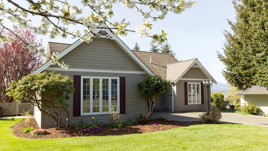 A bungalow house on a spring day