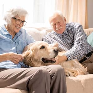 Senior couple snuggling with dog