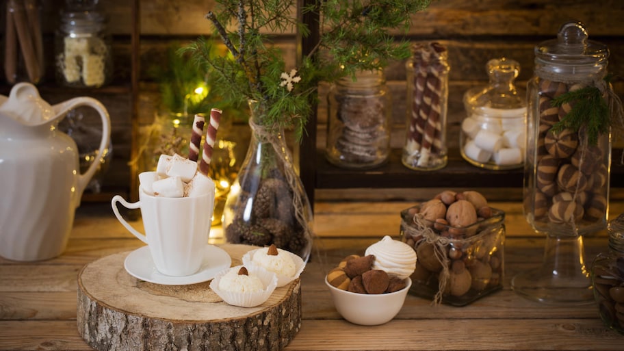 Hot cocoa station with seasonal decorations 