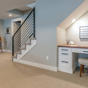 A basement in a house used as office space