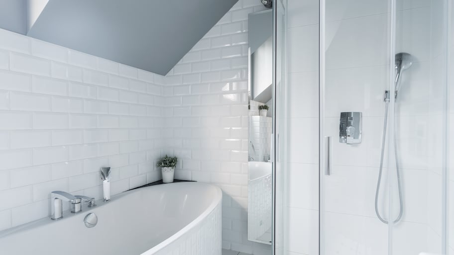 Separate bathtub and shower in white-tile bathroom