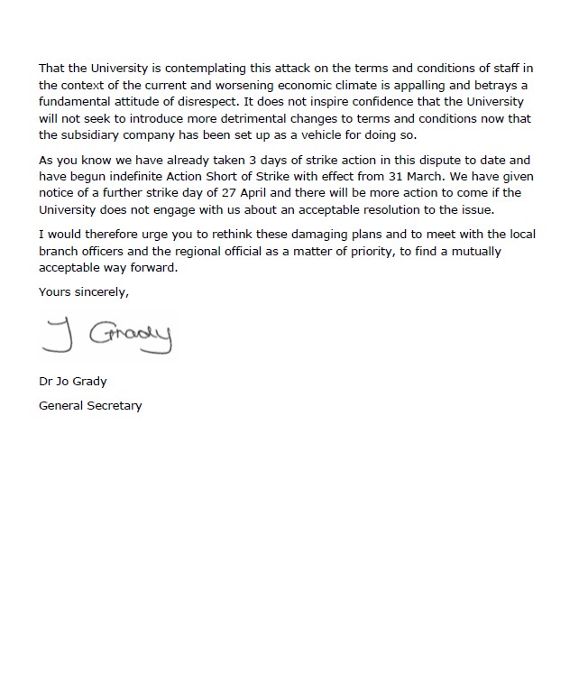 Letter from UCU's Jo Grady to Staffordshire University