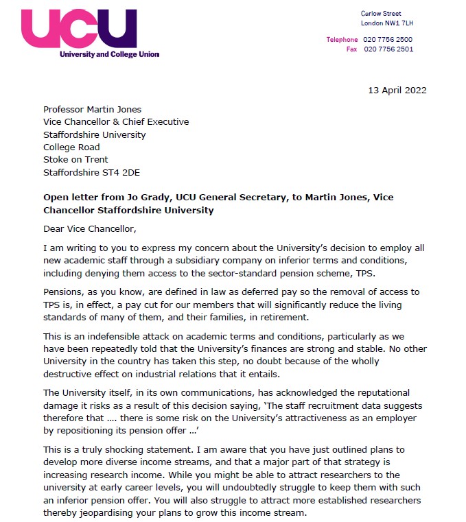 Letter from UCU's Jo Grady to Staffordshire University