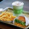 A classic Shack Burger, krinkle cut fries and chocolate shake is served at the first Shake Shack restaurant in Northern California, which opened at the Stanford Shopping Center in Palo Alto in 2018.