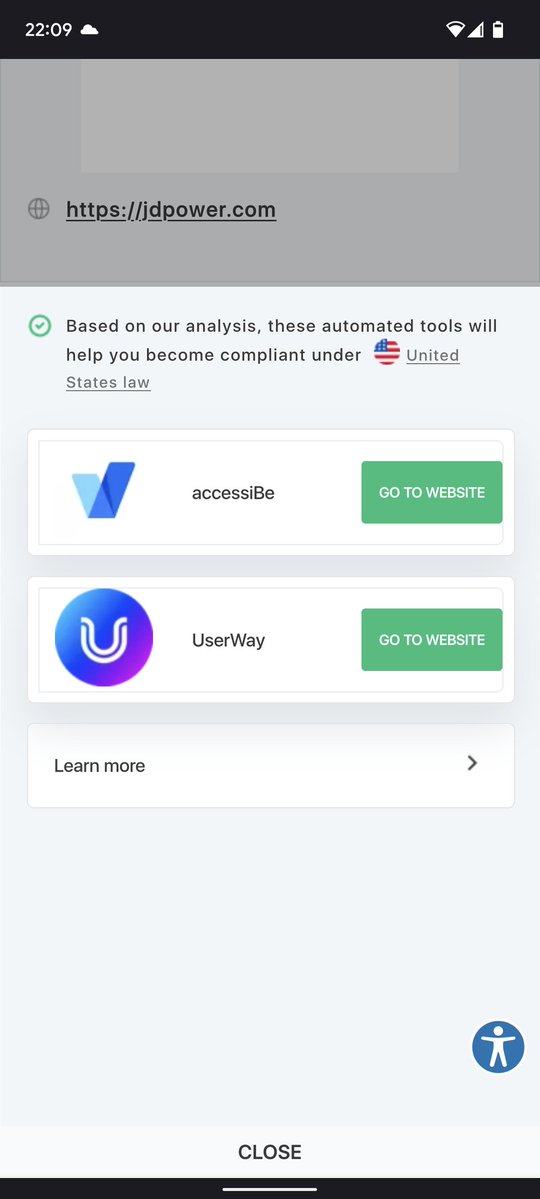 After running a web site check, the “Fix Issues” button has been expanded to recommend accessiBe and UserWay under the text “these automated tools will help you become compliant under United States law.”