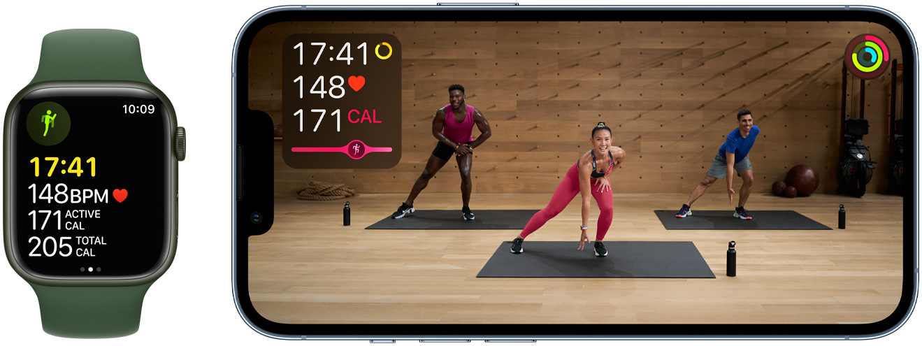 AppleFitness+ shown on Watch and Phone