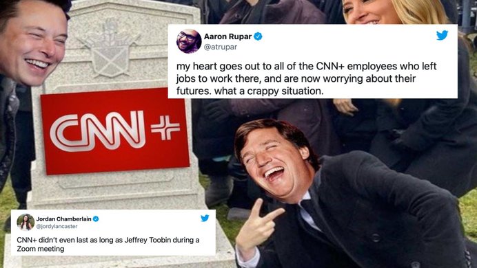 Elon Musk and Tucker Carlson pictured celebrating over the grave of CNN+, surrounded by tweets commenting on its demise.