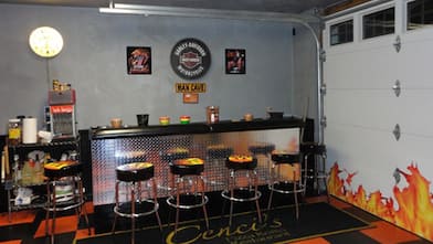 Harley Davidson-themed man cave