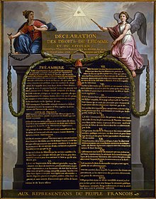 Picture of a painting; the painting is of a written declaration; there are two human images to the left and right; it says "Declaration des droits de l'homme" (declaration of the rights of man)