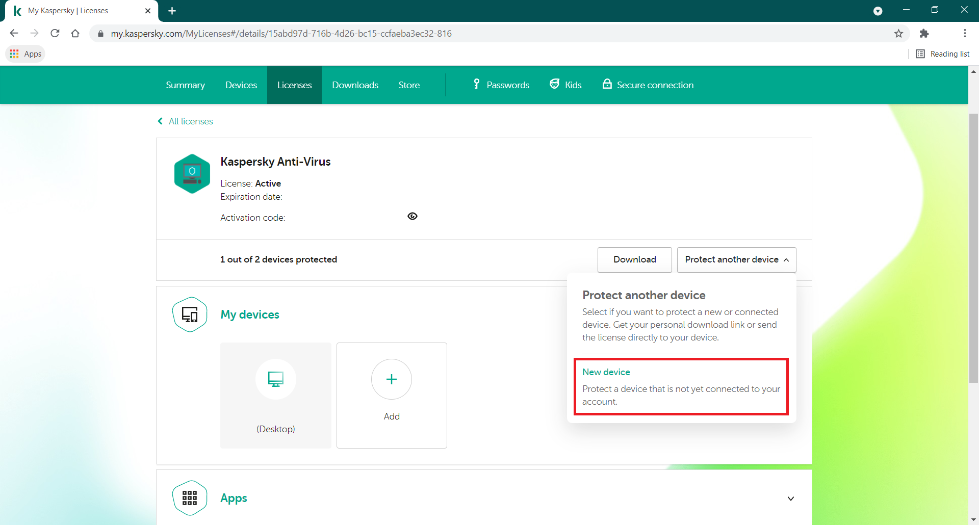 How to use My Kaspersky to send a license to a new device