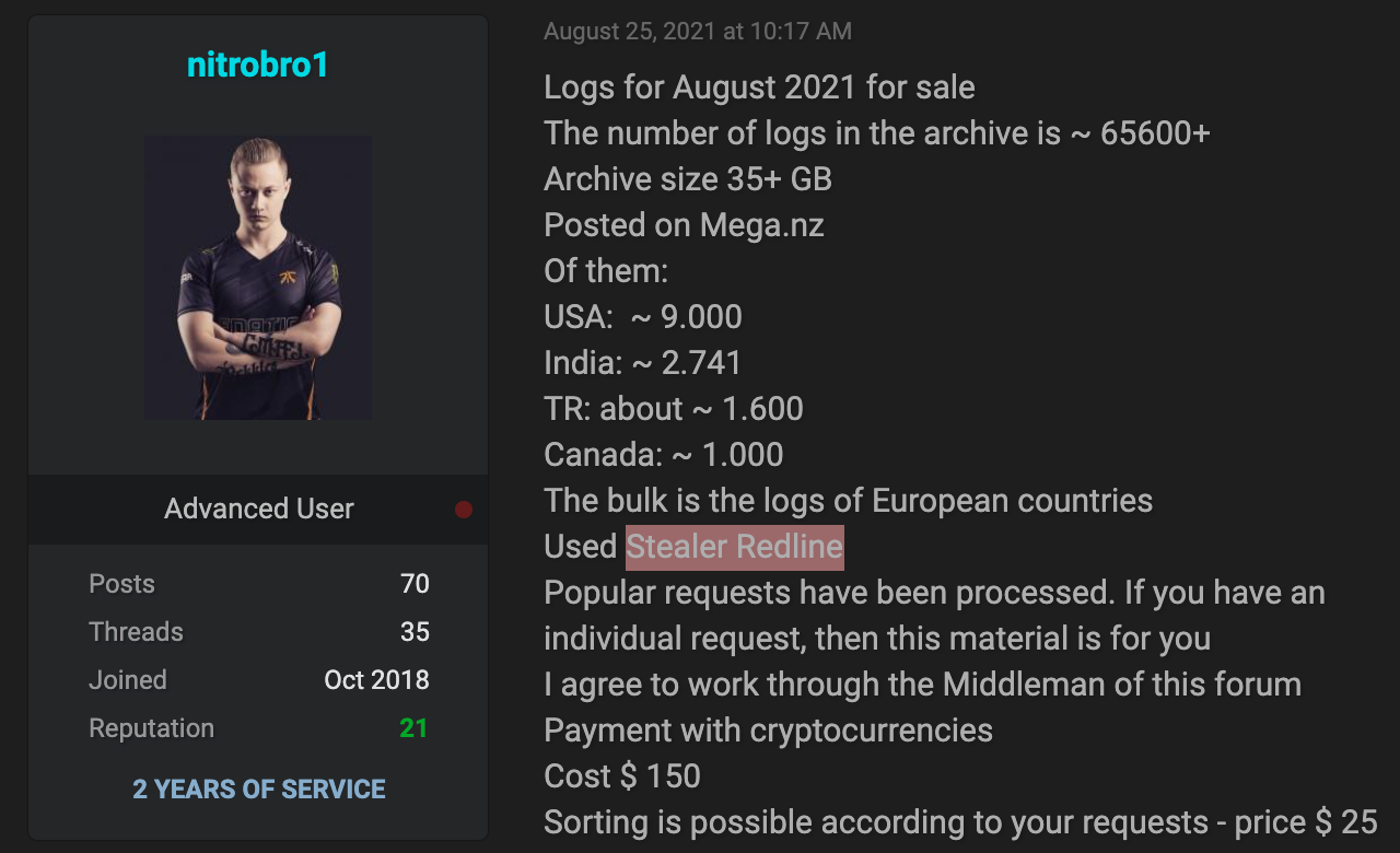 Dark-web ad for the sale of logs for August 2021