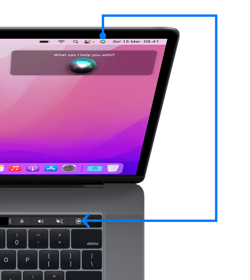 MacBook Pro dengan Touch Bar menampilkan tombol Siri di bar menu dan di Touch Bar