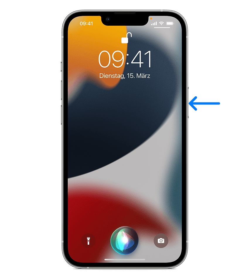 Auf einem iPhone 13 wird das Drücken der Seitentaste zur Aktivierung von Siri angezeigt.
