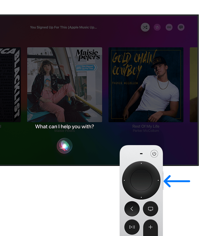 箭头指向 Apple TV Remote 上的 Siri 按钮