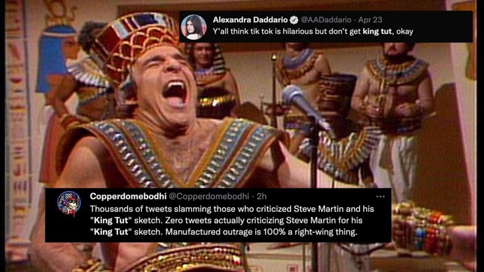 A still from the Steve Martin "King Tut" skit, and Tweets commenting on the controversy.