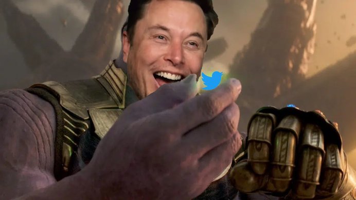 Elon with Twitter thanos avengers infinity stones meme.