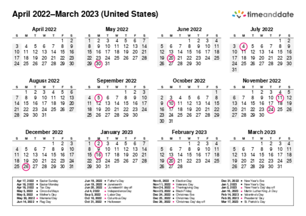 Calendar for 2022 in United States