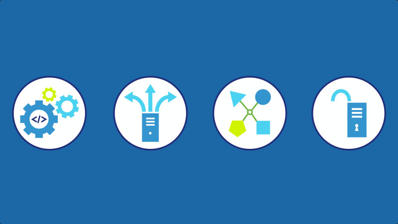 Four illustrations. 1. Three gears in different colors and sizes integrate with each other, while one has the coding abbreviation on it 2. A phone-like device out of which come three arrows, one to the left, one to the right and one straight ahead 3. Four different geometrical figures are connected via bridges 4. a phone like device looks like a lock that has been opened