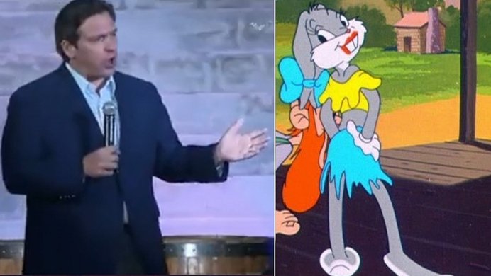 Ron DeSantis Pogging At Bugs Bunny meme.