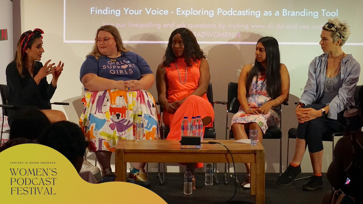 Image shows a photo of a panel of women onstage at the Women's Podcast Festival 2018 discussing how to find your voice and use podcasting as a branding tool. The image is branded with a colourful orange and green wavy block in the corner with The Women’s Podcast Festival indigo logotype.