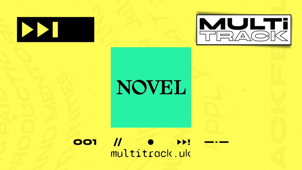 Yellow rectangular background. Announcing production company Novel as a partner company for the Multitrack 2022 Audio Fellowship.