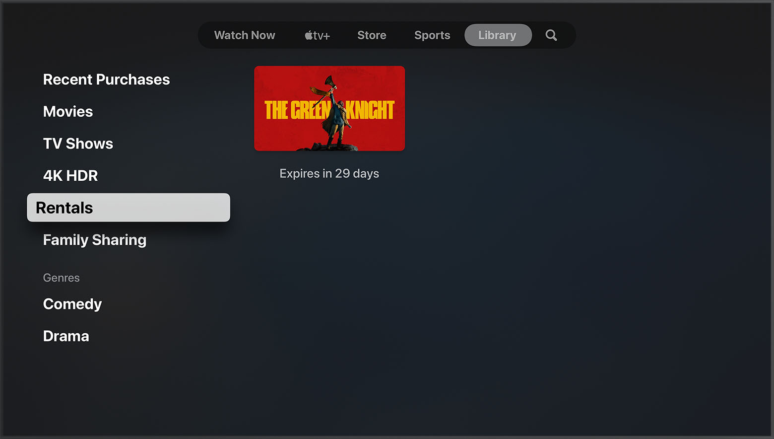 where to find Rentals in the Library tab on an Apple TV, smart TV, or streaming device