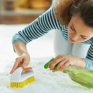 A woman cleans a carpet stain using a brush and a spray bottle