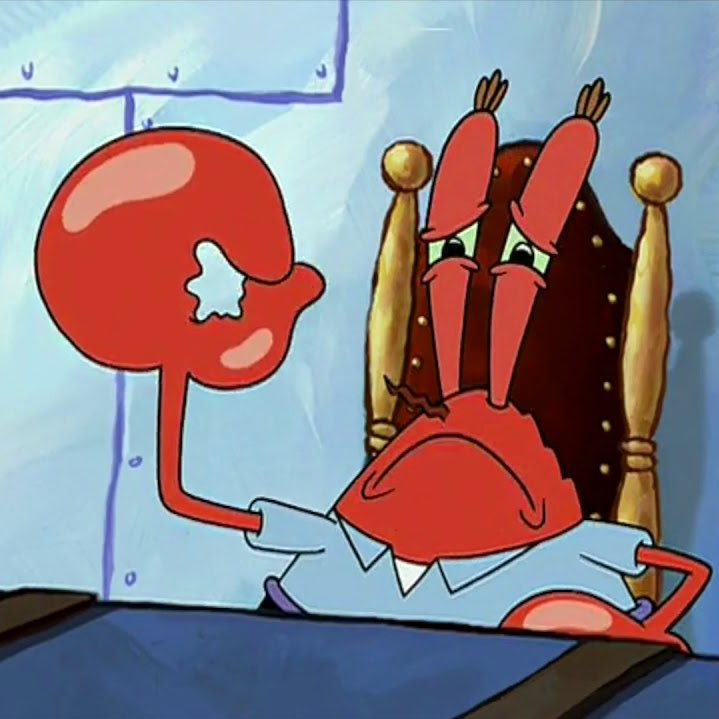 Mr. Krabs from SpongeBob holding his claw up in a pinching pose with a sad face