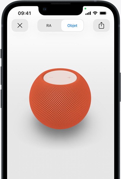 HomePod orange en RA sur l’écran d’un iPhone.